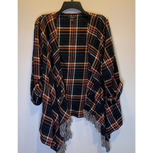 Torrid Size 1 Plaid Long Sleeve Flannel Fringe Shawl Kimono Boho Rustic Cottage - Picture 1 of 4